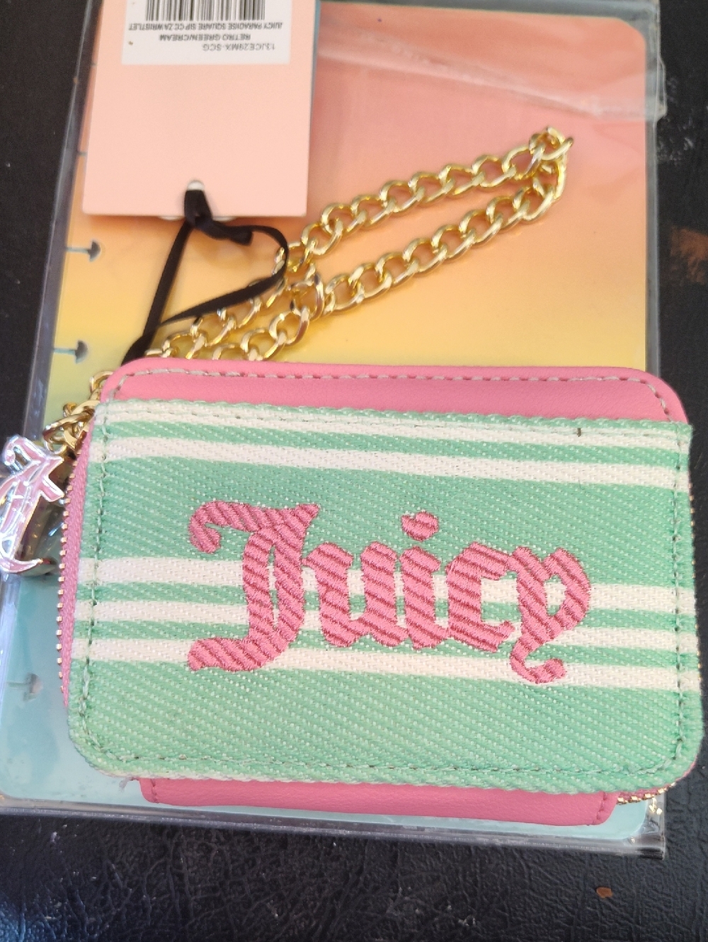 Juicy Couture Striped Mini Wallet Wristlet Quilted Pink Mint Gold Tone Chain Zip